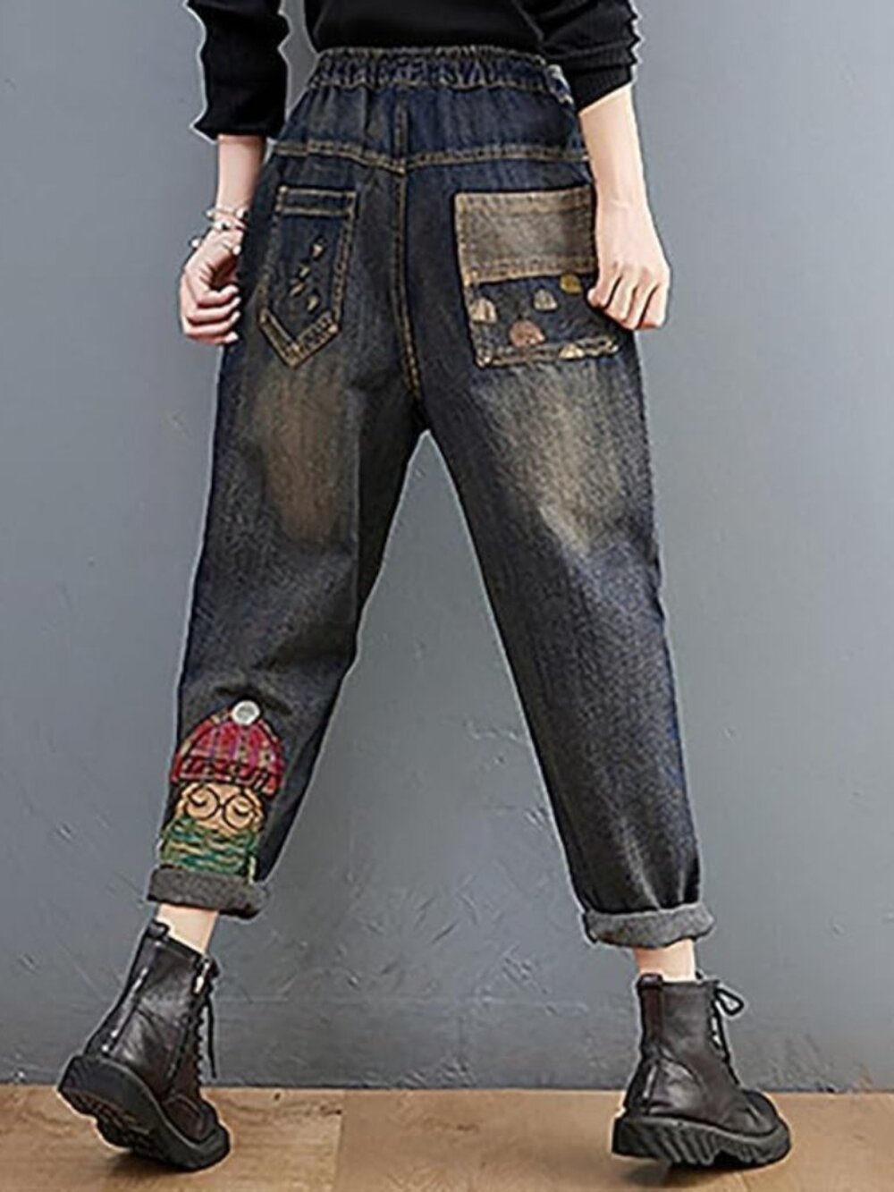 LAI MENG 5 CATS Women Casual Jeans Denim Loose Pants Elastic Waist w/ Pocket